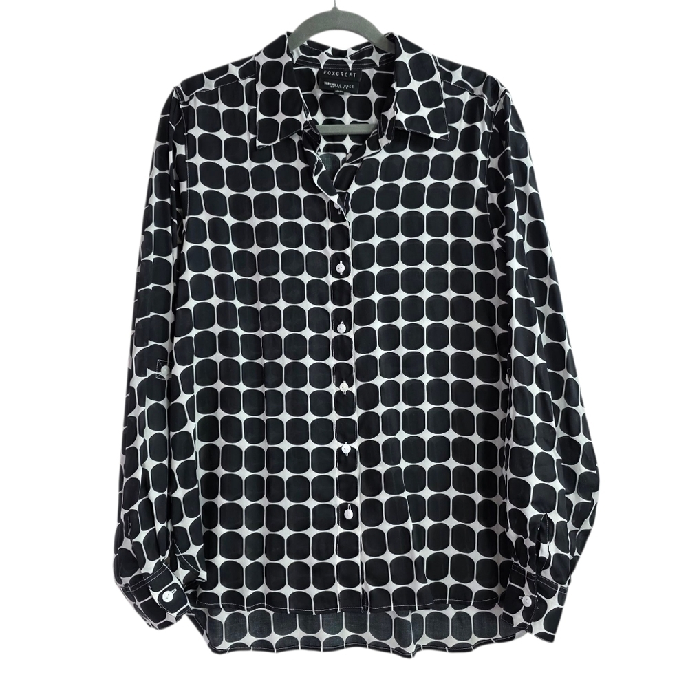 Foxcroft Geometric Print Roll Tab Sleeve Button Up wrinkle free Blouse